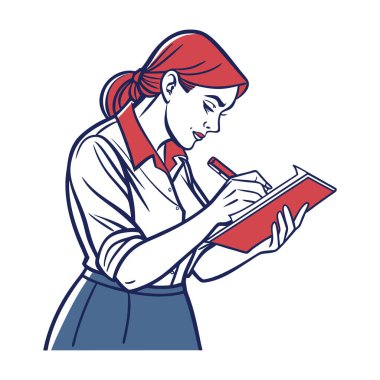 İş kadını defter vektör çizimine yazıyor.