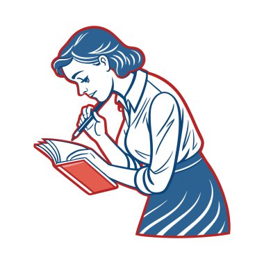 Kırmızı elbiseli, kalemli ve defterli bir kızın vektör çizimi.