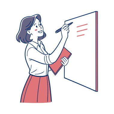 Öğretmen deftere bir şeyler yazıyor. El çizimi vektör illüstrasyonu