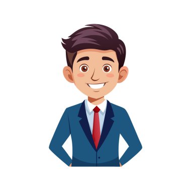 Genç adam mavi takımlı gülümsüyor.