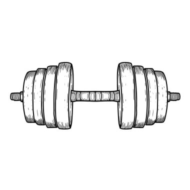 Beyaz arka planda siyah renkli el yapımı dambıl vektör çizimi. Basit halter çizimi