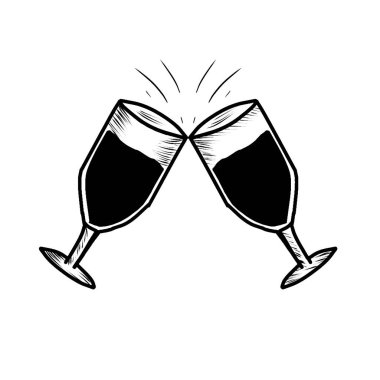 Elle çizilmiş iki kadeh şampanya ya da karalama tarzında şarap. İki kadeh kaldırma. Kutlama, parti, bayram sembolü