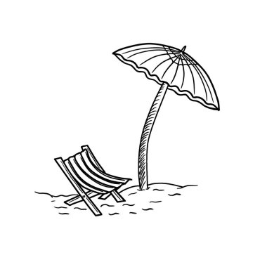 El çizimi plaj sandalyesi ve şemsiye taslağı. Yaz Kaçamağı Çizimi