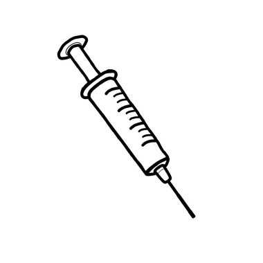 Elle çizilmiş şırınga vektör çizimi. Çizim stili enjeksiyon şırıngası Grafik, beyaz arkaplanda karalama ilüstrasyonu