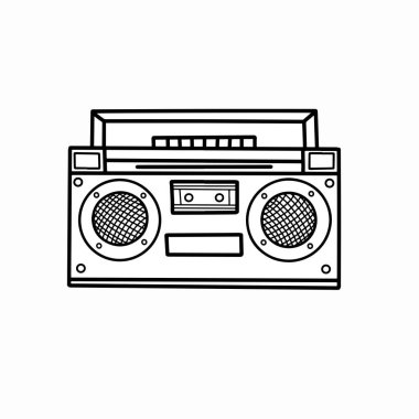 El çizimi retro boombox taslağı, beyaz arka planda klasik boombox çizimi, klasik getto imha çizgisi