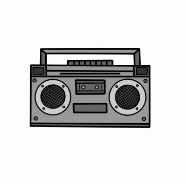 El çizimi monokrom retro boombox beyaz arka planda izole, gri ölçekli getto blaster illüstrasyon