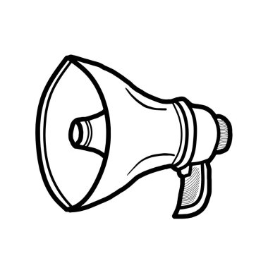 Vektör Tekli Çizim Çizimi, İzole Beyaz Arkaplan Hoparlörü. Megafon Taslak Simgesi, Hoparlör Hattı