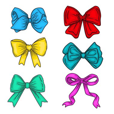 Çeşitli renklerde el yapımı minimalist kurdele koleksiyonu. Altı Şık Kurdelenin Vektör İllüstrasyonu, Renkli Yay