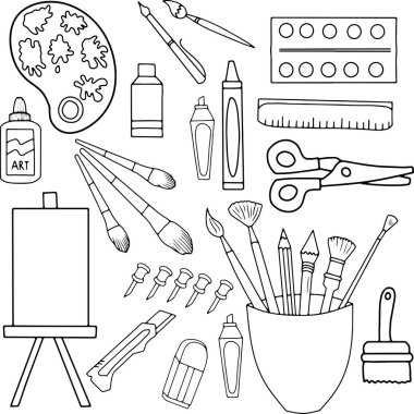 El çizimi sanat aletleri. Eskiz tarzında sanat malzemeleri. Easel, fırçalar, boyalar, kalemler. Vektör illüstrasyonu beyaz arkaplanda izole edildi