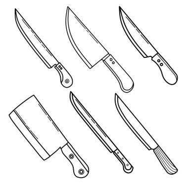 Beyaz arka plana çizilmiş el çizimi mutfak bıçağının vektör çizimi. Basit şef bıçak koleksiyonu.