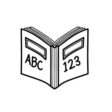 El çizimi ABC 123 kitap vektörü illüstrasyonu. Çizim stili açık ders kitabı grafiği. Çocuklar kitap vektör anahatlarını inceliyor