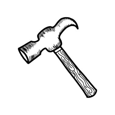 Çizik çizim aracı illüstrasyonunda el çizimi çekiç simgesi. Marangoz inşaat aletleriyle çalışıyor.