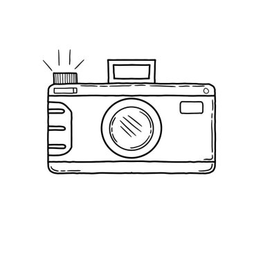 El çizimi kamera karalama simgesi beyaz arkaplan izole ikonu. Retro kamera grafik çizim biçimi
