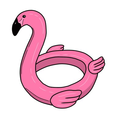 El çizimi pembe flamingo havuz yüzme vektörü. Yaz tatili, tatil, açık hava, plaj aktivitesi, havuz partisi, mevsimlik elementler.