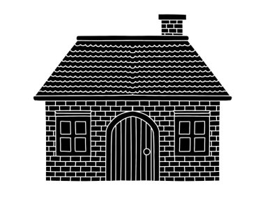 Siyah tuğlalı ev silueti vektör çizimi. El çizimi düz stil geleneksel ev gölgesi ikonu. Dekorasyon, kartlar, logo ve çeşitli tasarımlar için mükemmel