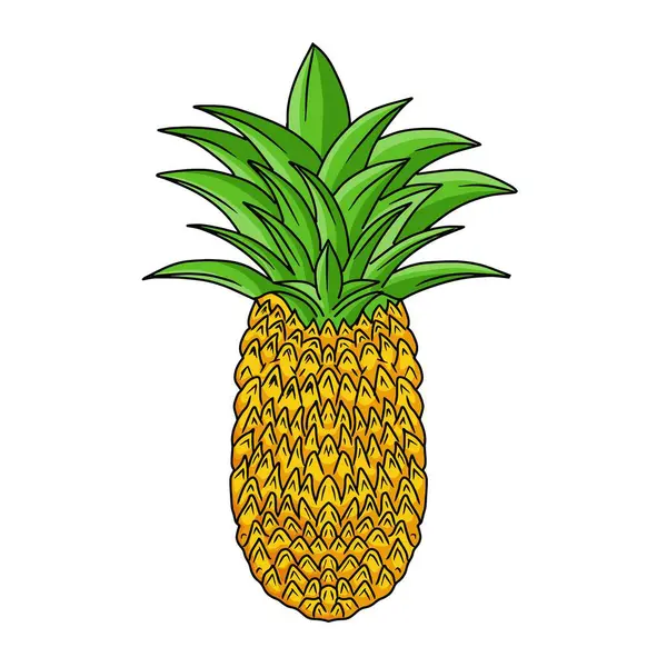 Beyaz arka planda izole edilmiş renkli çizgi film ananas çizimi. El çizimi yeşil yapraklı sarı ananas.
