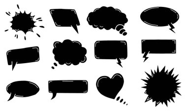 El yapımı konuşma ve düşünce kabarcıkları. Karalama baloncuklar ve patlayan çerçeveler. İletişim ve fikir baloncuk paketi