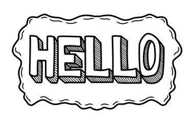 El çizimi Hello 3D metin vektör çizimi. Gölge efektli karalama harfleri. Dalgalı sınır selamlama sözcüğü