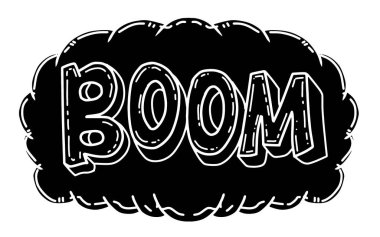 Siyah el çizimi karikatür Boom metni. Karalama tarzında patlayıcı sözcük baloncuğu çizimi