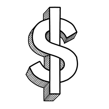 3D dolar işareti taslak çizimi, el çizimi dolar işareti para sembolü skeci. ABD Doları İşaret Sanatı