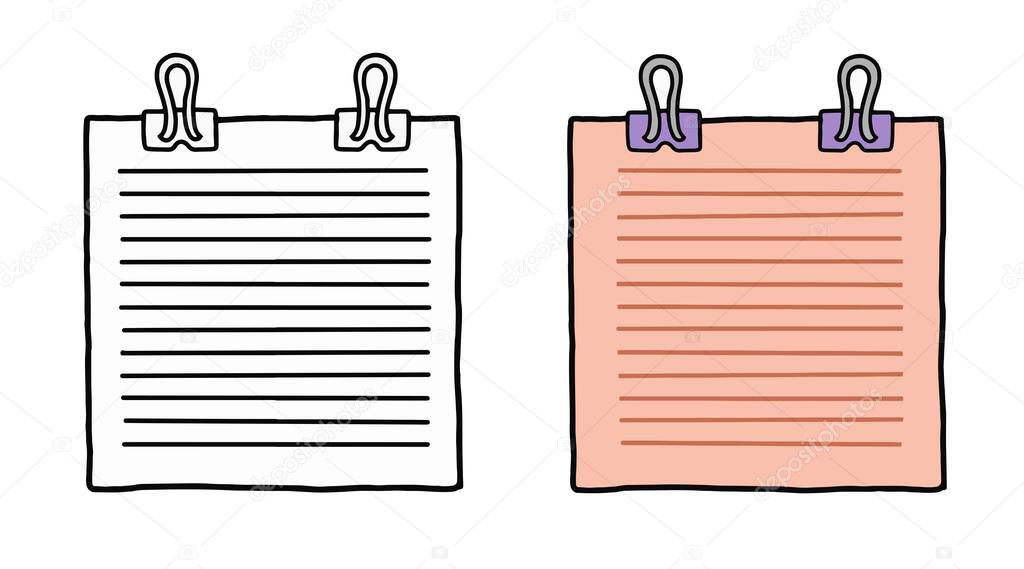 Lined notebook with binder clip vector illustration doodle style. Customizable blank paper with clip