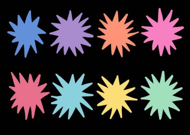 Renkli yıldız patlamaları ve patlama vektörü şekillendirir. Rastgele kalemler ve pastel boyalı çocuklar çiziyor. El çizimi ışıltı patlaması ögeleri ayarlandı