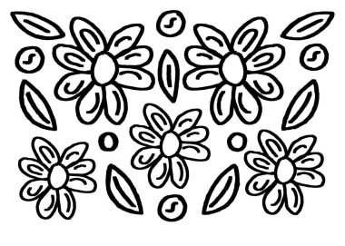 Soyut çiçek ve yaprak dış hat desen vektörü. El çizimi karalama çiçekleri ve arkaplan