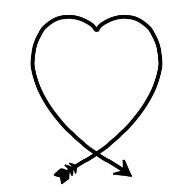 Ok hatlı bir kalp. Elle çizilmiş aşk okları aşk sembolü çizimi