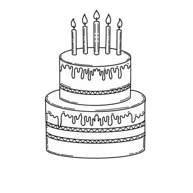 Mum desenli el çizimi doğum günü pastası. Mutlu yıllar pasta karalaması el çizimi ikon