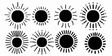 El çizimi güneş vektörü ayarlandı. Doodle güneş simgeleri koleksiyonu