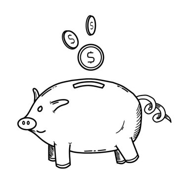 Elle çizilmiş domuz kumbarası birikimleri ve düşen paralar. Para ekonomisi karalama para tasarruf kavramı domuz bankası karalama