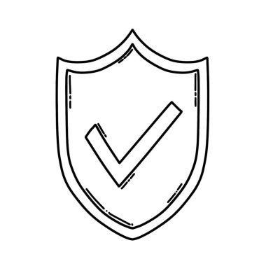 Beyaz arka planda işaretleme simgesine sahip güvenlik kalkanı izole edildi. İşaretli simgeyle çizilmiş el kalkanı