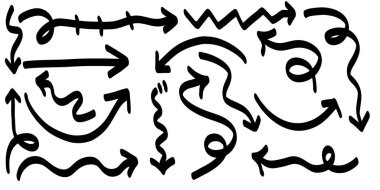 El çizimi karalama okları beyaz arka planda karalama stili oluşturur. Tasarım elemanı vektör çizimi