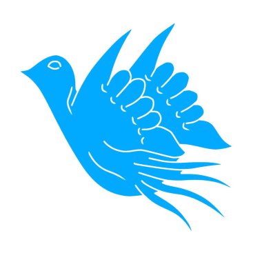 Mavi uçan güvercin vektör çizimi. El yapımı dinamik mavi barış kuşu izole edilmiş beyaz arka plan. Simge, logo şablonu