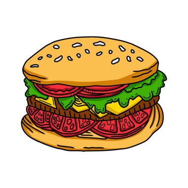Elle çizilmiş lezzetli klasik burger vektör çizimi. Vejetaryen yemekleri, beyaz arka plan, lezzetli fast food.