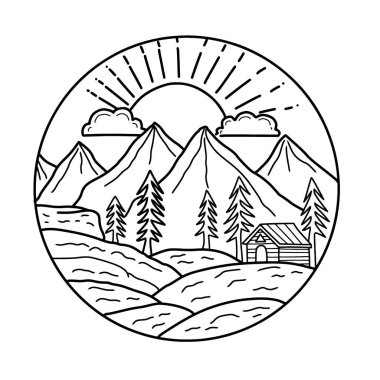 Dairesel kabin sanatı ile el çizimi dağ manzarası