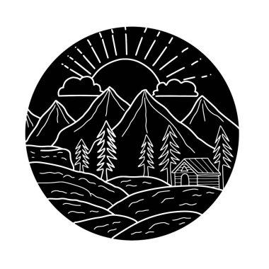 Dairesel kabin sanatı ile el çizimi dağ manzarası