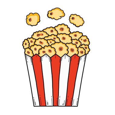 El çizimi kırmızı ve beyaz patlamış mısır kovası beyaz arka planda izole