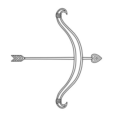 Aşk Tanrısı 'nın yayının ok ve kalplerle çizilmiş el çizimi tasviri. Sevgililer Günü için romantik karalama skeci. Kalp uçlu ok ve yay simgesi