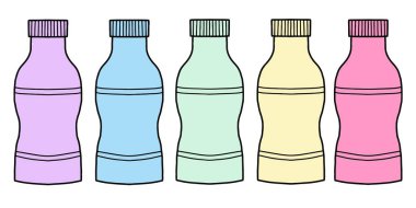 Renkli plastik şişe vektör çizimleri. El yapımı pastel renkli içecek şişeleri.