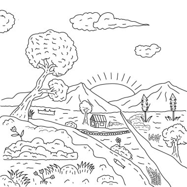 Ev, ağaç ve tepelerin olduğu bir dağ manzarasında, boyama ve tasarım için mükemmel siyah ve beyaz çizgi sanatının el çizimi.