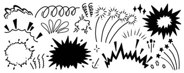 El çizimi çizgi film patlaması ve patlama elementleri. Çizgi film vektör bombası patladı. Doodle paketi bangır bangır ses çıkarıyor.