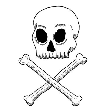 Beyaz arkaplanda el çizimi kafatası ve çapraz kemik vektör çizimi izole