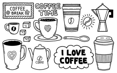 Kahve karalama stili, farklı el harfleri, kahve ve kahve ile yazılmış kelimeler. El çizimi çizimi kahve sözü ve kahve fincanı çizgi karalama set clipart sembolü