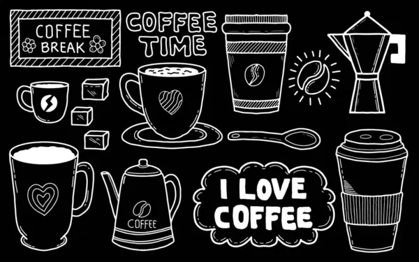 Kahve karalama stili, farklı el harfleri, kahve ve kahve ile yazılmış kelimeler. El çizimi çizimi kahve sözü ve kahve fincanı çizgi karalama set clipart sembolü