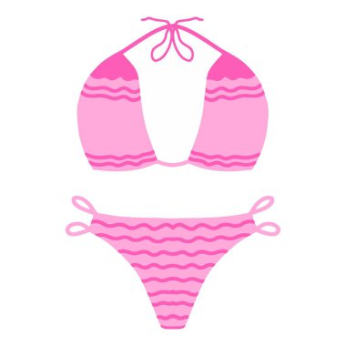 Pembe dalgalı çizgili bikini vektör çizimi. Yazlık plaj kıyafeti ikonu. El çizimi çizgi film tarzı pembe bikini