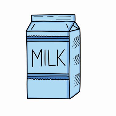 El çizimi süt kutusu vektör çizimi. Bu, bir süt kutusunun, içeceği ve sütü temsil eden bir illüstrasyon.