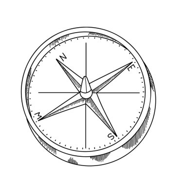 El yapımı klasik pusula oyması. Düz vektörlerin tasviri ve beyaz arkaplanda izole edilmiş siyah çizgiler. Resim karala