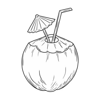 Vektör illüstrasyon karikatür el çizimi saman ve şemsiye çizgili hindistan cevizi içeceği