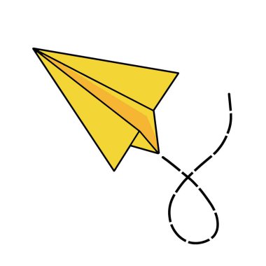 Çizgili çizgili sarı kağıt uçak. El çizimi, ana hatlı, sarı renkli uçak çizimi.